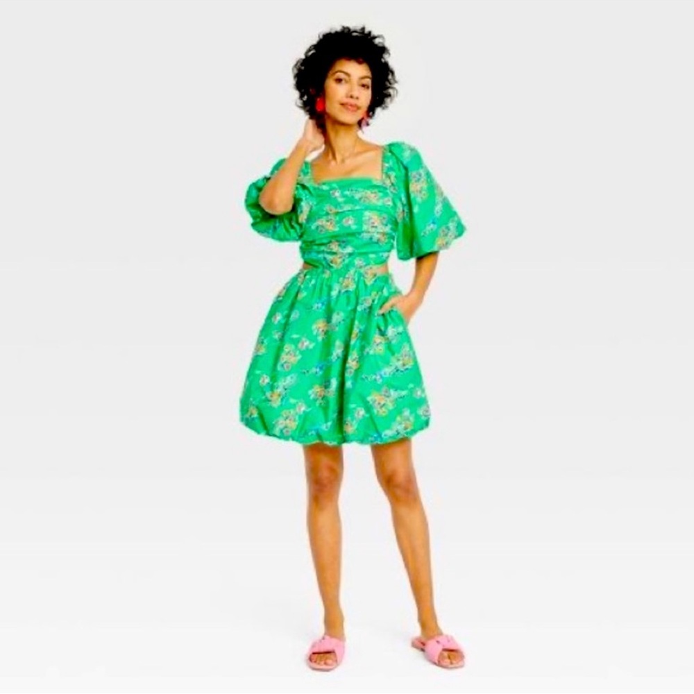 A New Day Green Floral Puff Sleeve Mini Dress